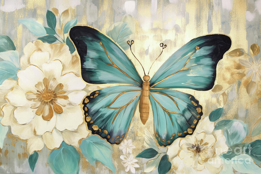 Teal Botanical Butterfly Painting