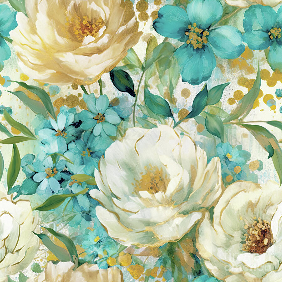 Teal Botanical Flowers Painting by Tina LeCour
