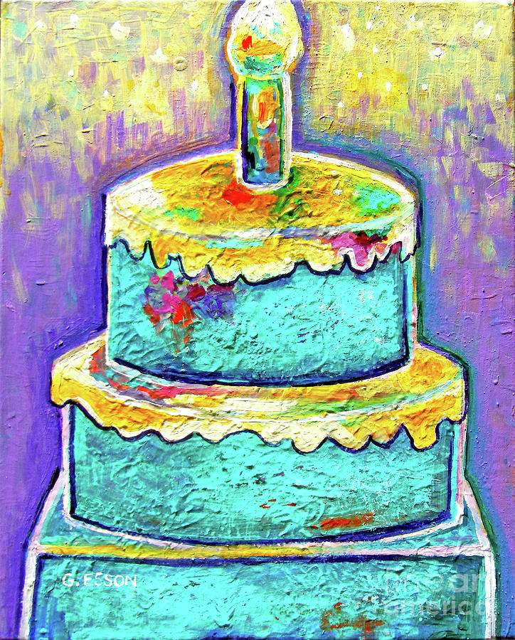 Cake Painting - Teal Cake with Purple Background by Genevieve Esson