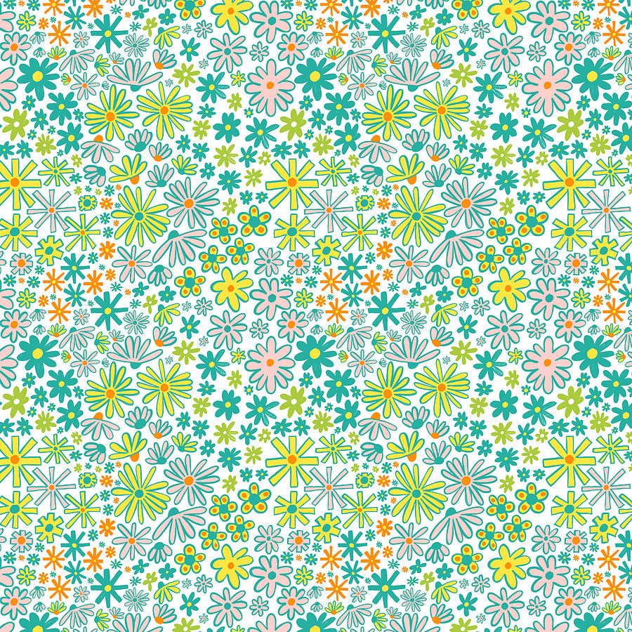 Teal Ditsy Flower Pattern Painting by Jen Montgomery