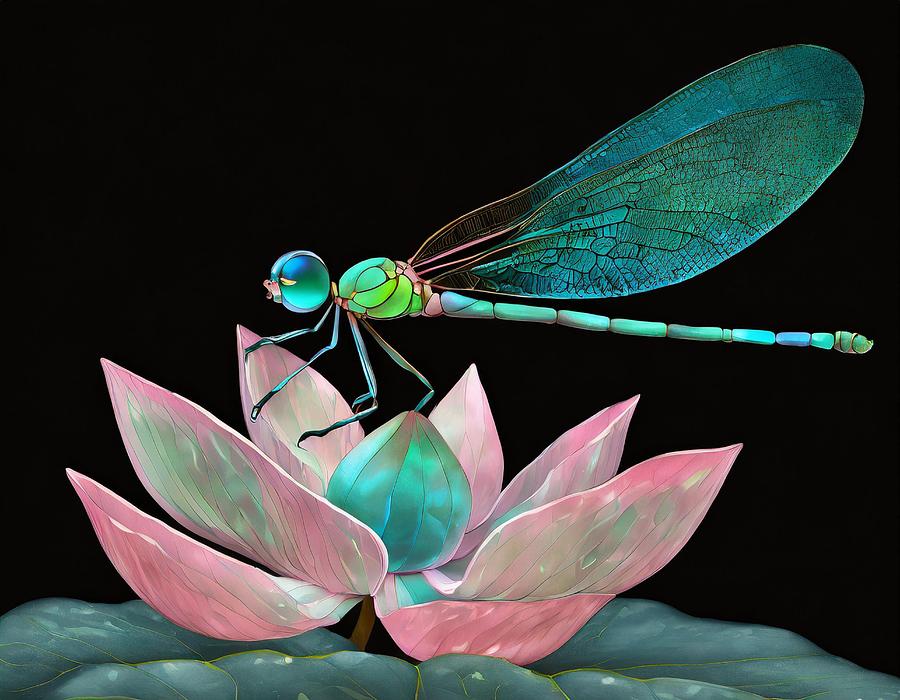Teal Dragonfly on Lotus Bloom Mixed Media by Susan Rydberg
