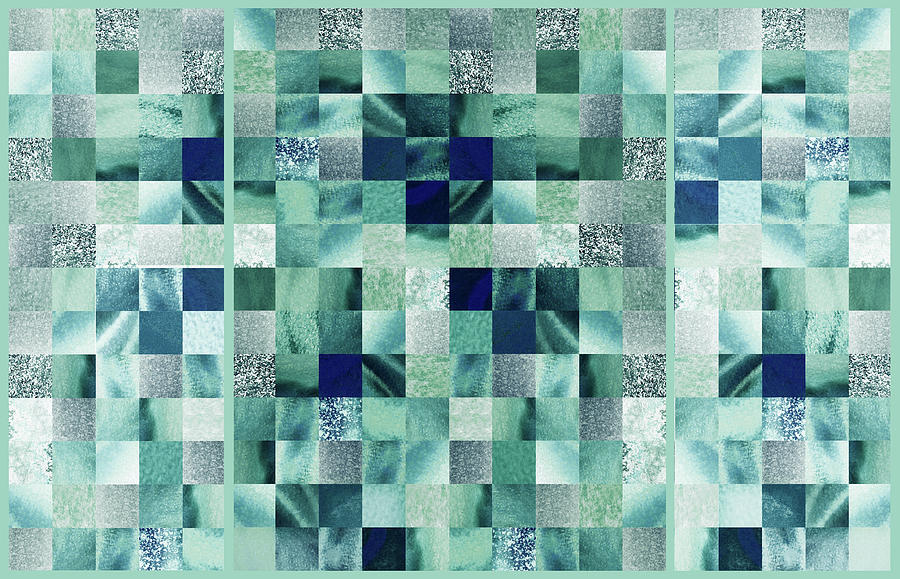 Teal Gray Green Gray Watercolor Squares Art Mosaic Quilt Painting by Irina Sztukowski
