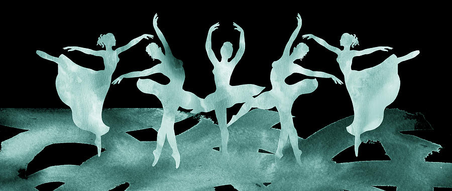 Teal Gray Monochrome Ballerinas Silhouette On Black  Painting by Irina Sztukowski
