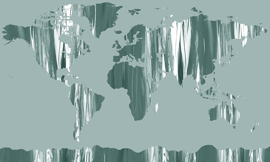 Teal Gray Monochrome Marble World Map Silhouette  Painting by Irina Sztukowski