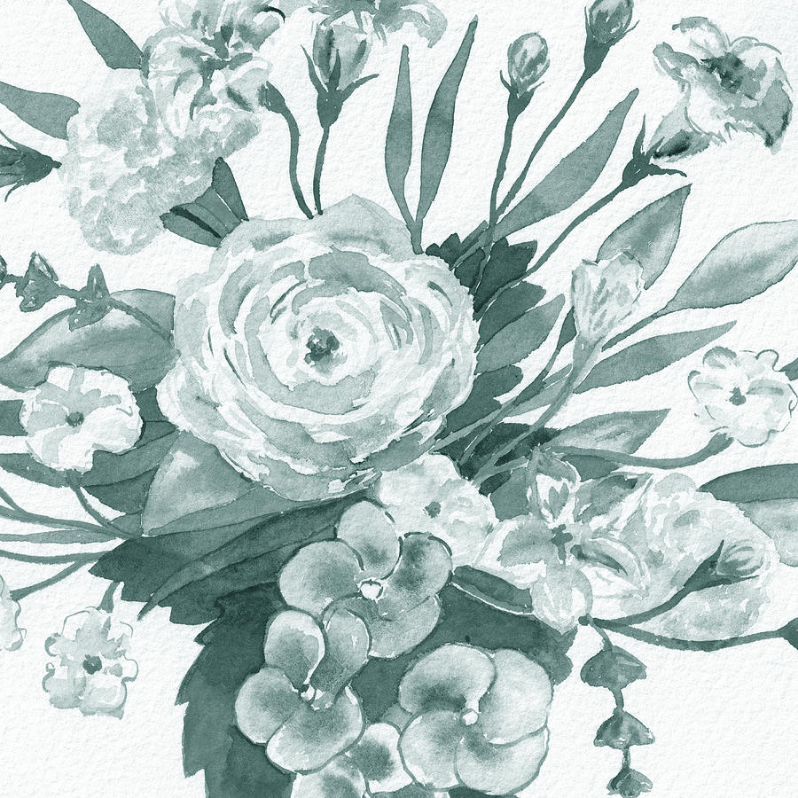 Teal Gray Watercolor Floral Pattern Painting