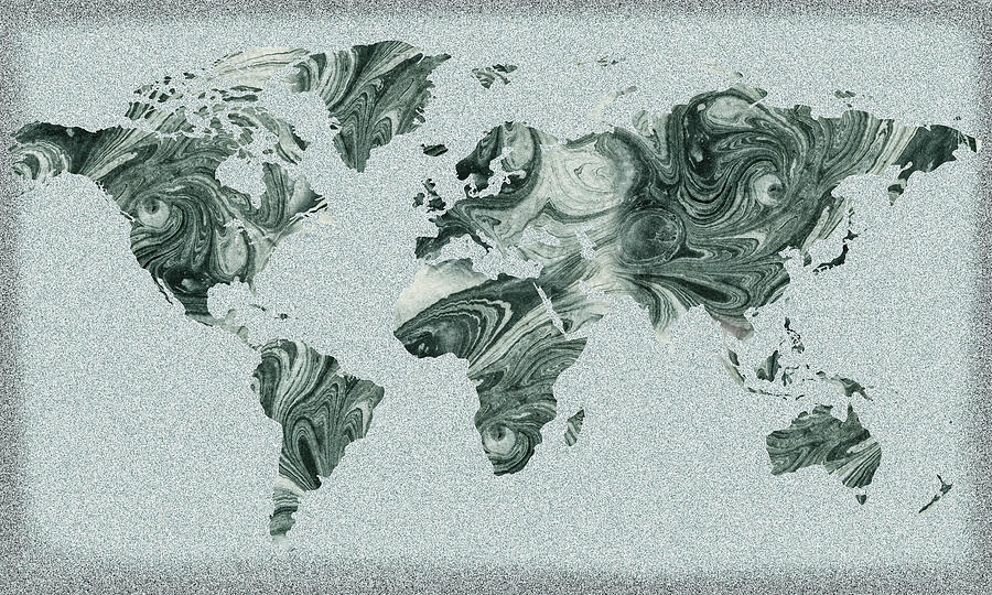 Teal Gray Watercolor Marble Map Of The World  Painting by Irina Sztukowski