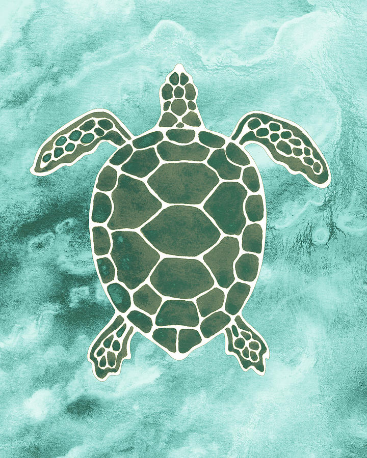 Teal Green Blue Watercolor Tortoise Under The Sea Turtle Native Art Ocean Creature I Painting by Irina Sztukowski