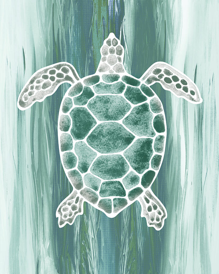 Teal Green Blue Watercolor Tortoise Under The Sea Turtle Native Art Ocean Creature IV Painting by Irina Sztukowski