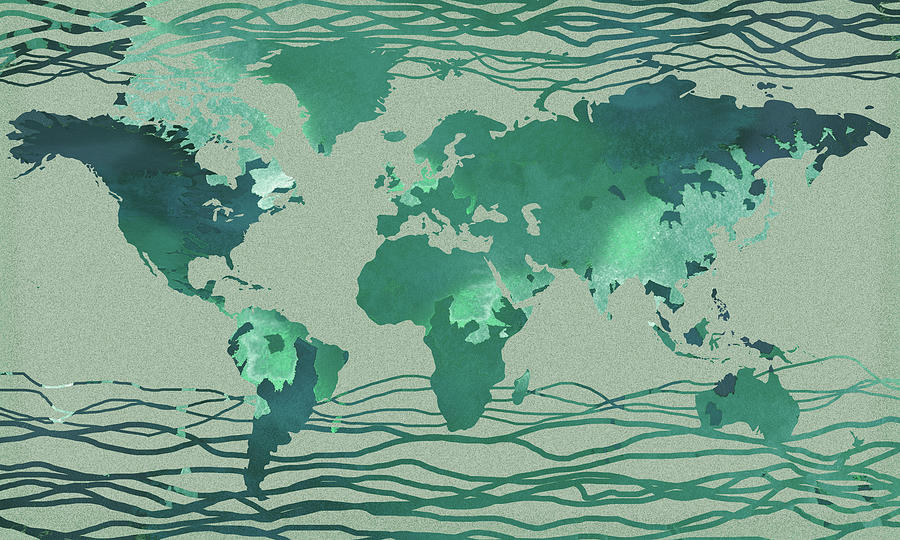 Teal Green Turquoise Watercolor World Map Silhouette Painting by Irina Sztukowski