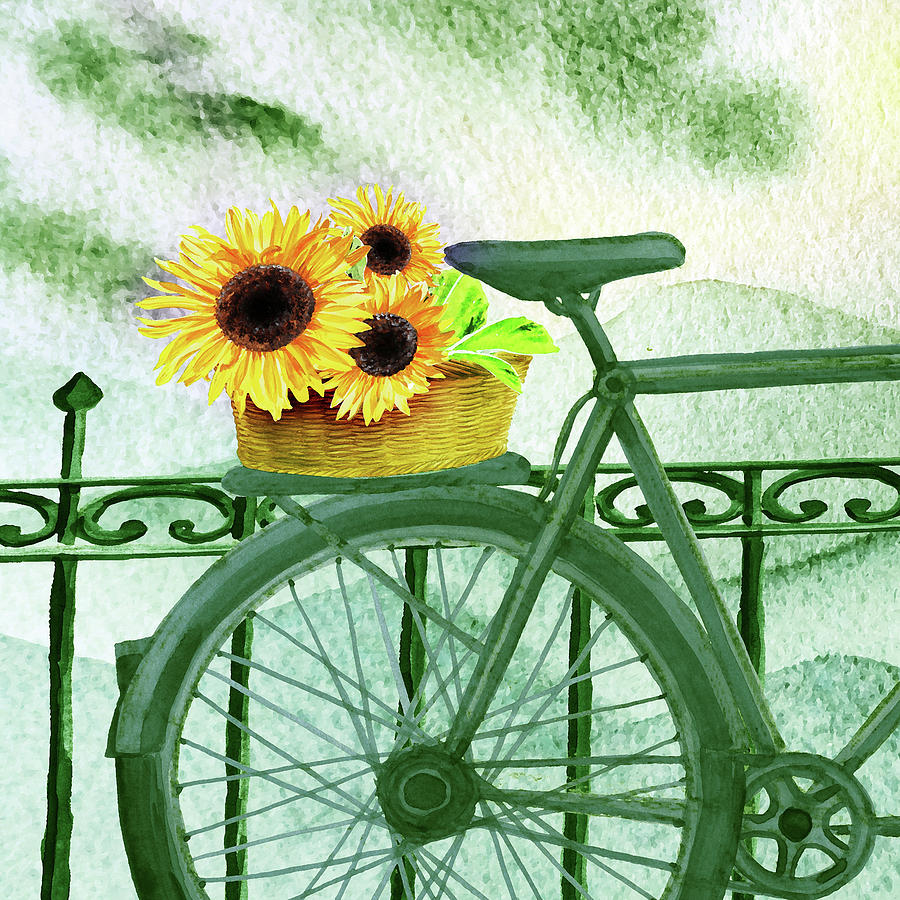 Teal Green Vintage Bicycle With Basket Of Sunflowers Watercolor  Painting by Irina Sztukowski