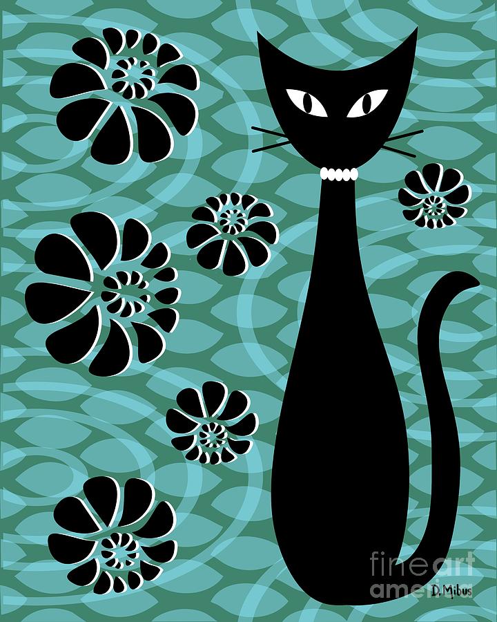 Teal Mod Cat 2 Digital Art by Donna Mibus