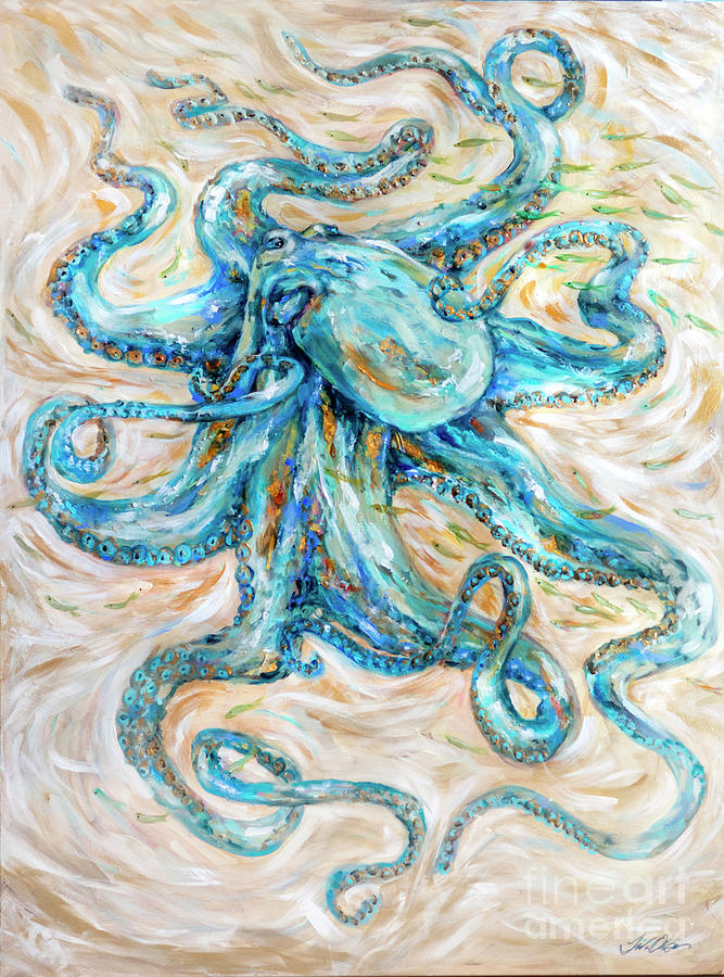 Teal Octopus Painting by Linda Olsen