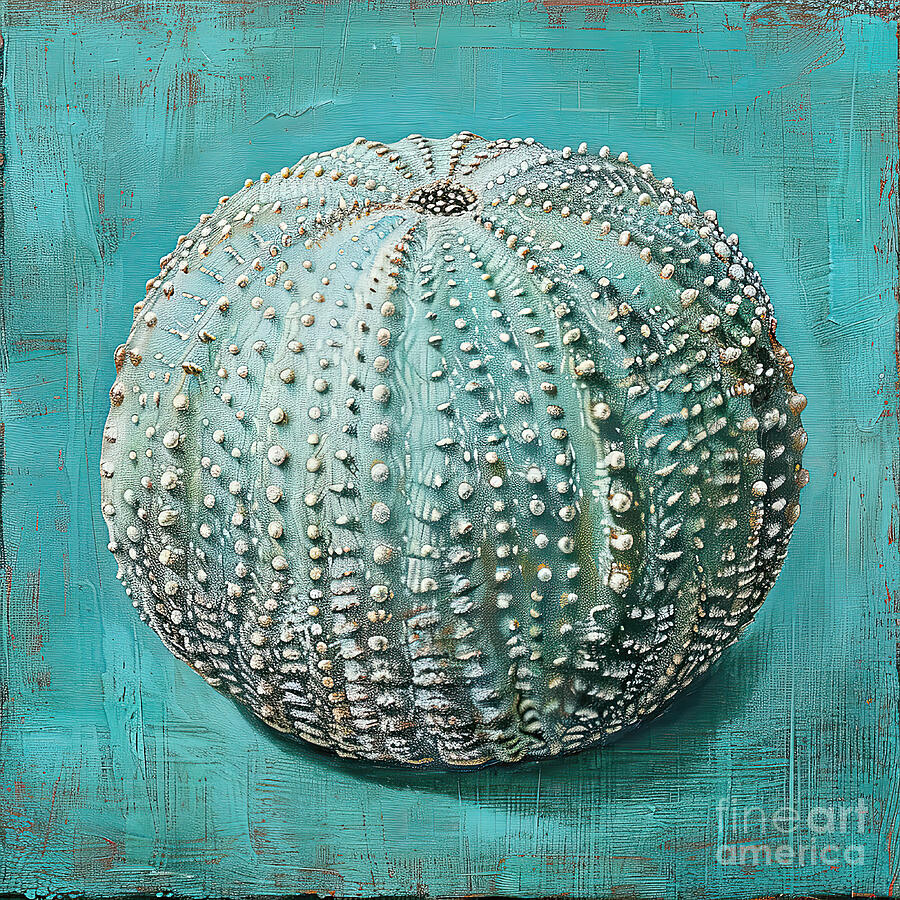 Shell Digital Art - Teal Sea Urchin on Teal by Elisabeth Lucas