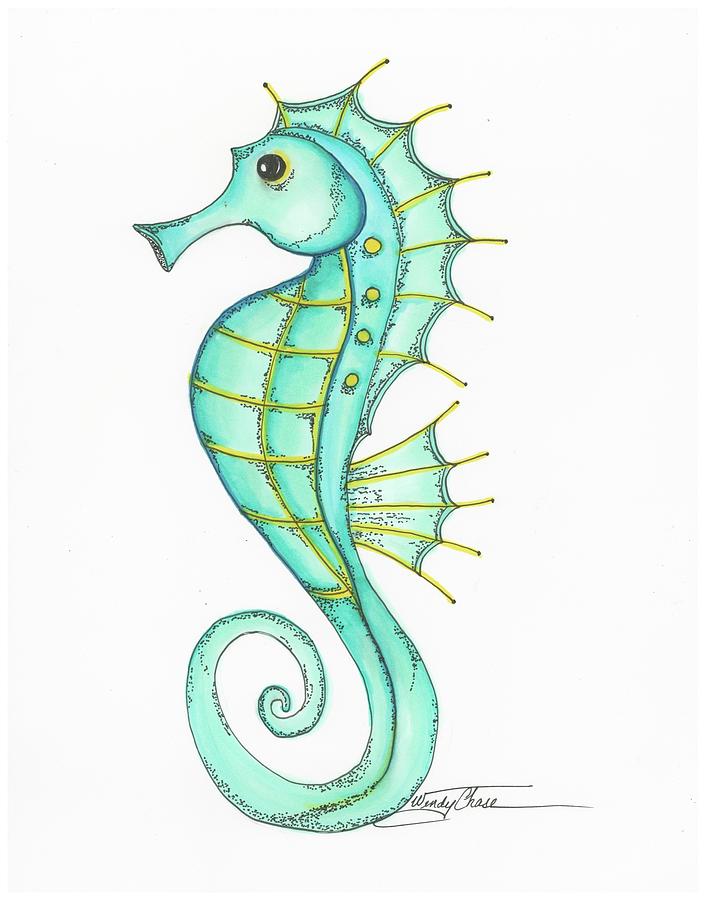 Teal Seahorse Drawing by Wendy Chase - Pixels