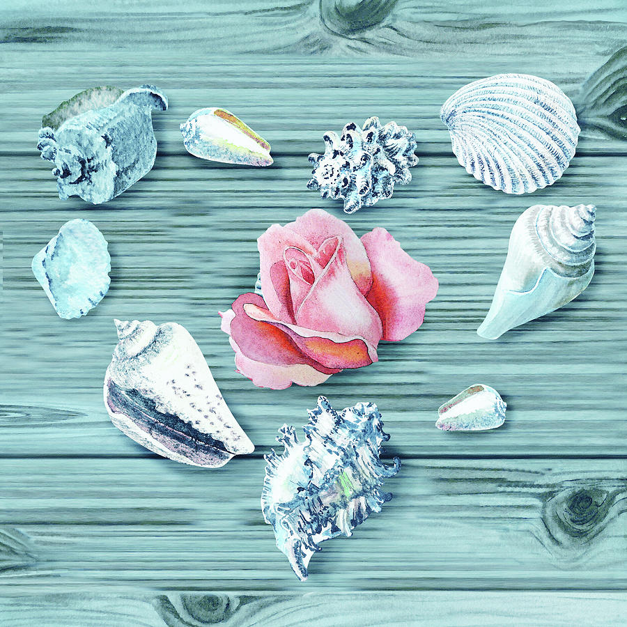 Teal Seashells In Form Of A Heart With Pink Rose Flower Beach Watercolor  Painting by Irina Sztukowski