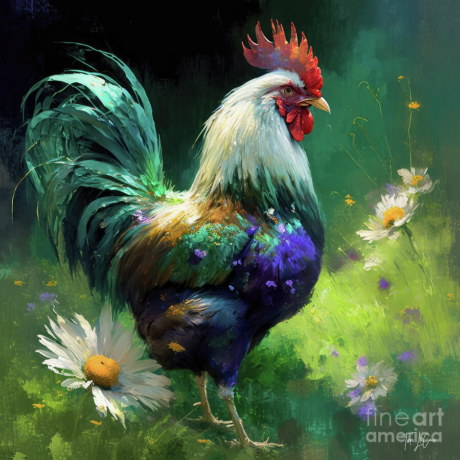 Teal Tailed Rooster Painting by Tina LeCour