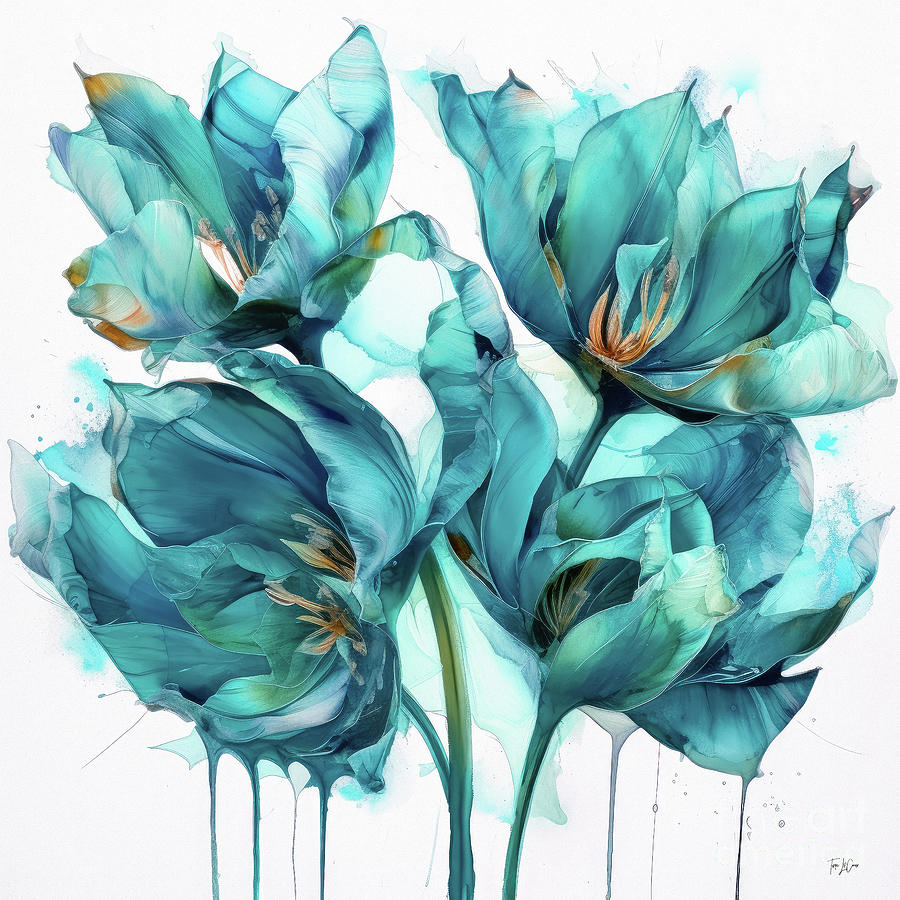 Teal Tulips Painting by Tina LeCour