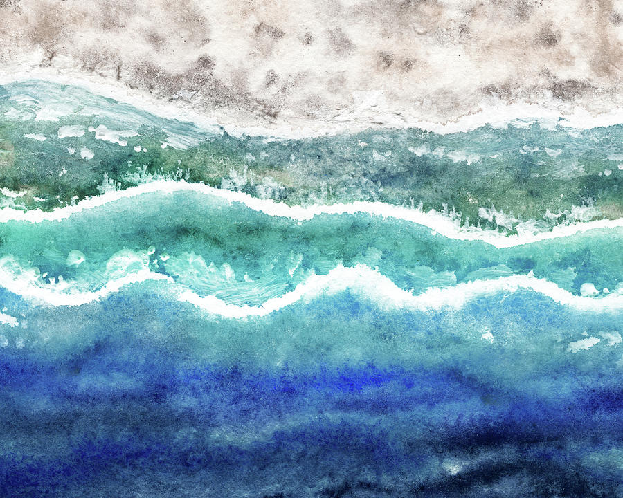 Teal Turquoise Blue Waves White Sand Beach Painting
