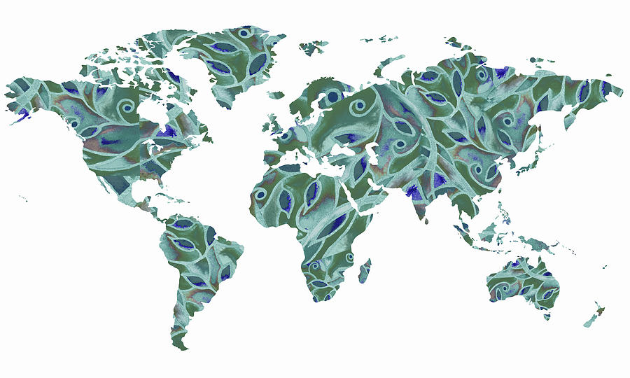 Teal Turquoise Green Leaves Pattern World Map Watercolor  Painting by Irina Sztukowski