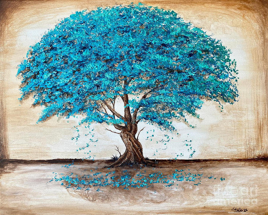 Teal  Turquoise Oak Tree Painting by Shelly Tschupp
