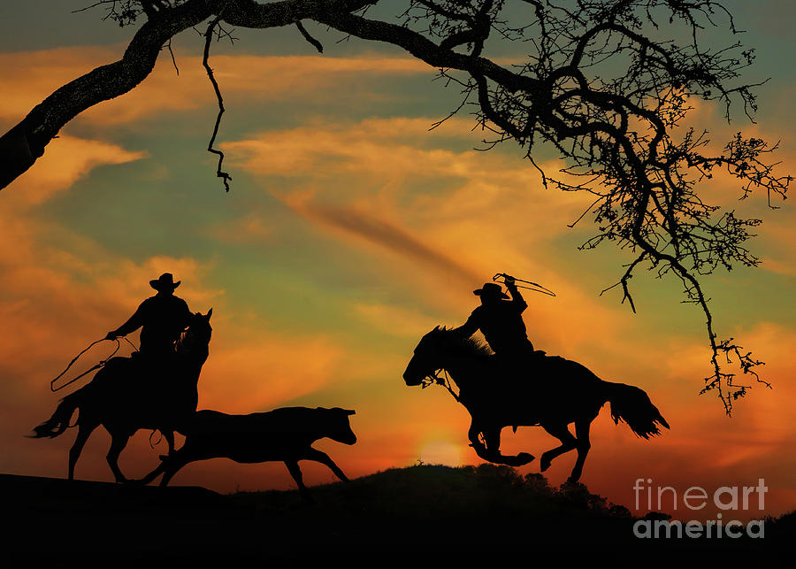 Team Roping Silhouetted Cowboys with Brilliant Sunset Photograph by Stephanie Laird
