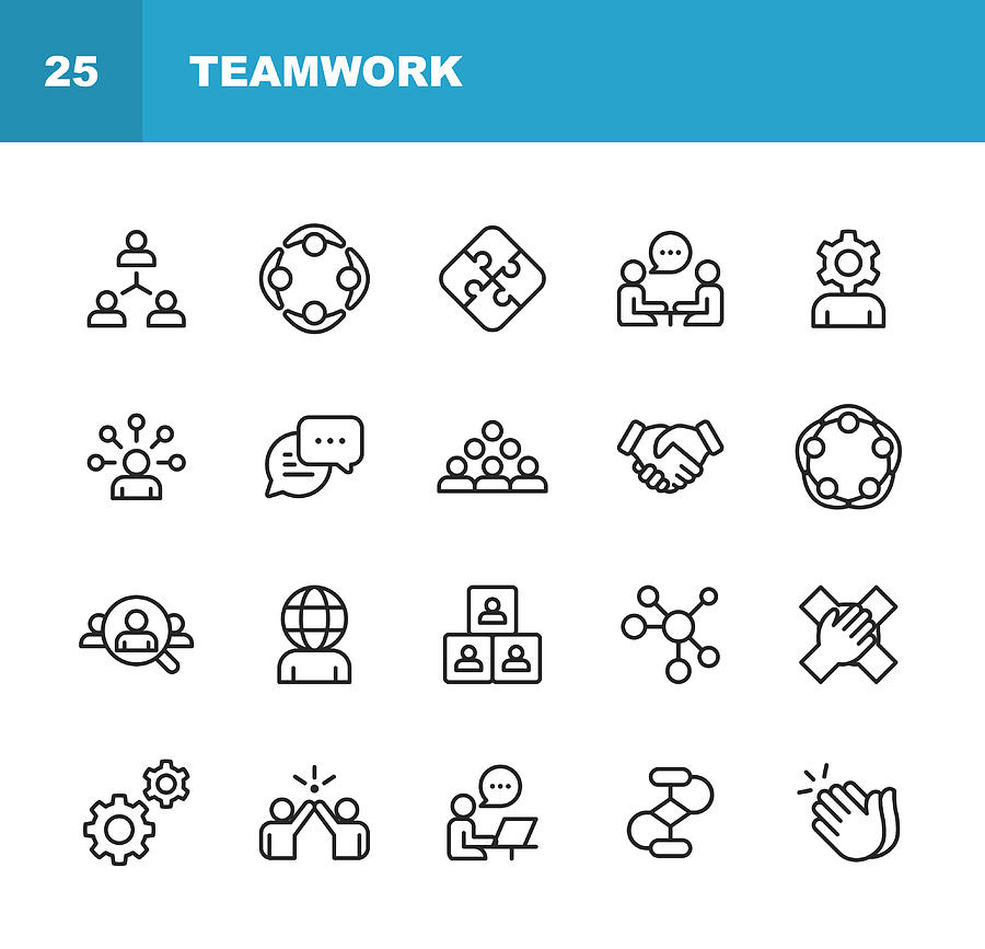 Teamwork Line Icons. Editable Stroke. Pixel Perfect. For Mobile and Web. Contains such icons as Business Meeting, Cooperation, Applause, High Five, Leadership. Drawing by Rambo182