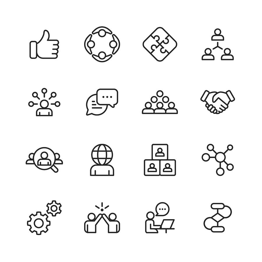 Teamwork Line Icons. Editable Stroke. Pixel Perfect. For Mobile and Web. Contains such icons as Like Button, Cooperation, Handshake, Human Resources, Text Messaging. Drawing by Rambo182
