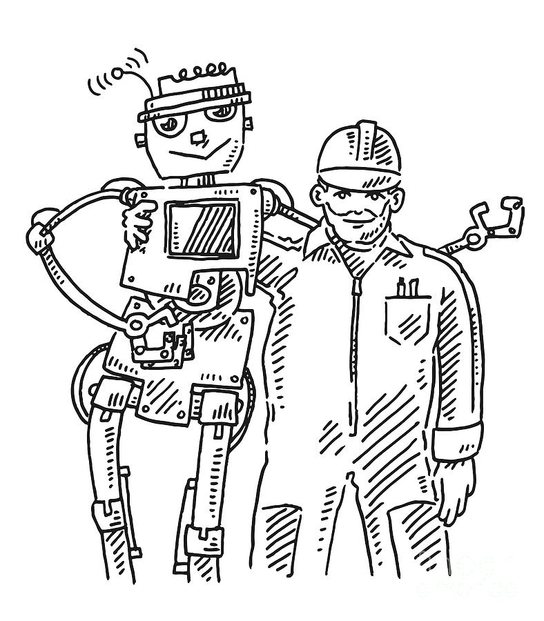 Black And White Drawing - Teamwork Man And Robot Drawing by Frank Ramspott