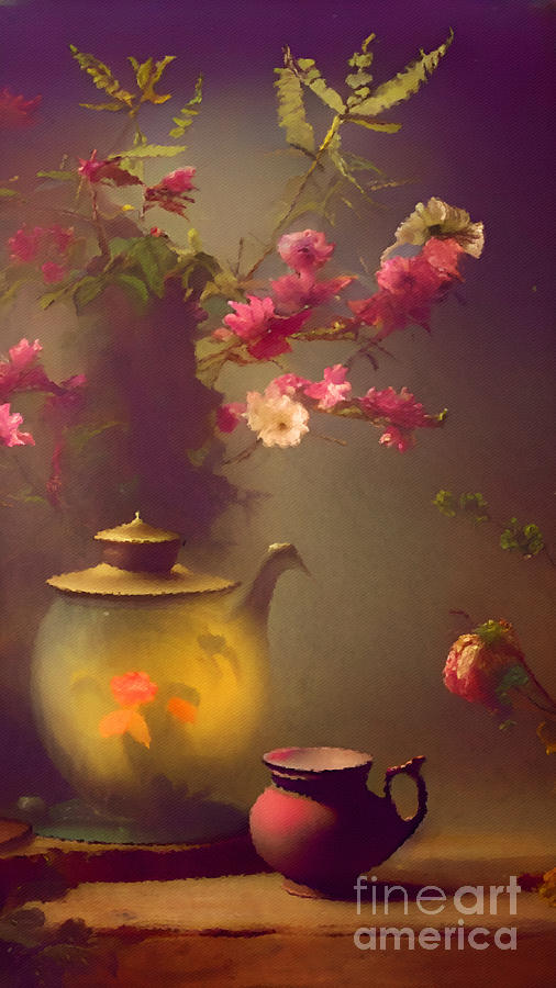 Teapot and Flowers 1 Digital Art by Lauries Intuitive
