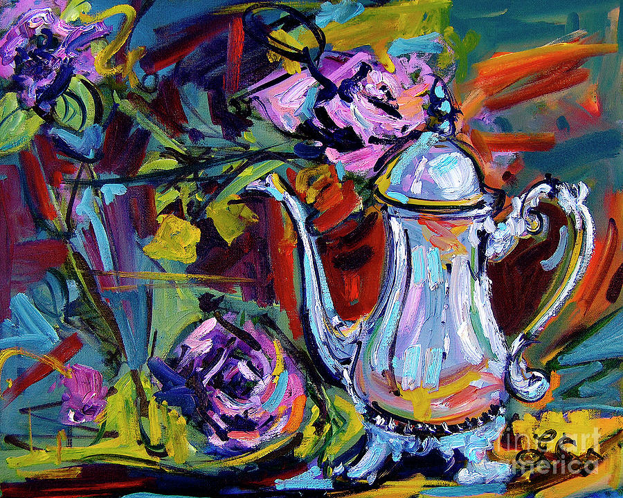 Teapot with Attitude Roses Modern Still Life Painting by Ginette Callaway