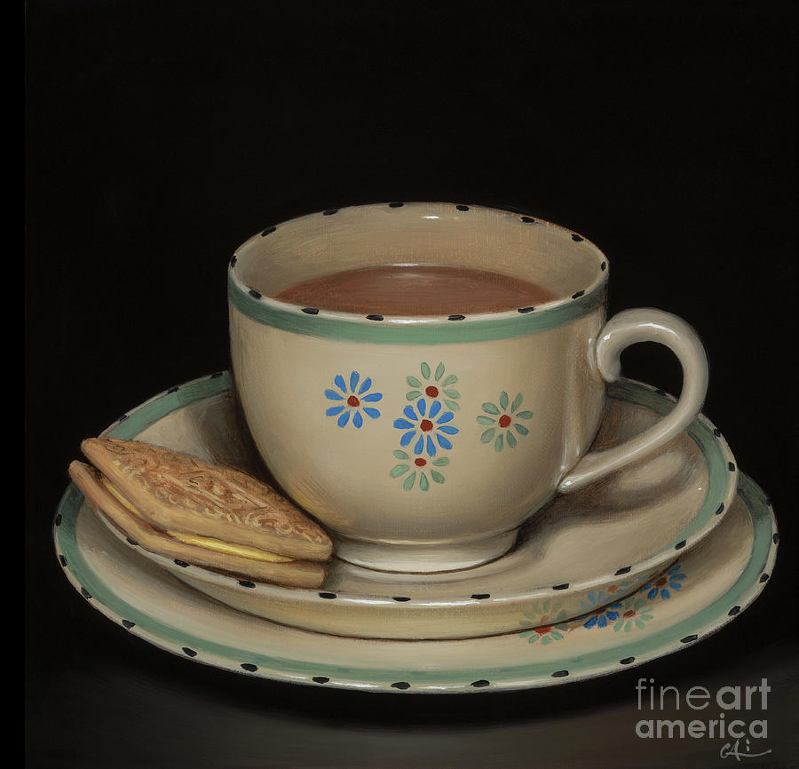 Still Life Painting - Teascape with Custard Cream by Catherine Abel