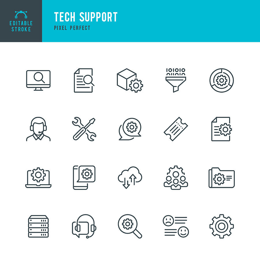 Tech Support - thin line vector icon set. Pixel perfect. Editable stroke. The set contains icons: IT Support, Support, Tech Team, Call Center, Work Tool. Drawing by Fonikum