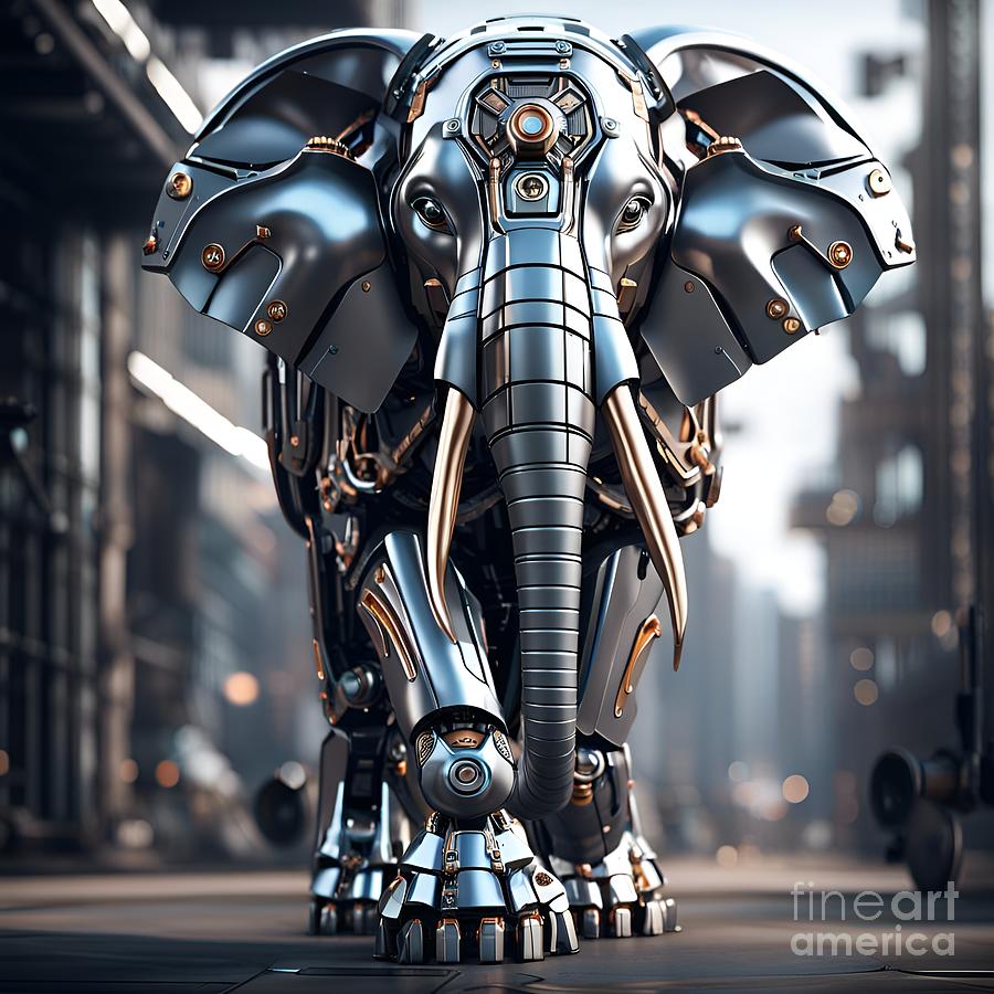 Technological Wonder - Embrace the Sci-Fi Robotic Elephant Mixed Media by Artvizual Premium