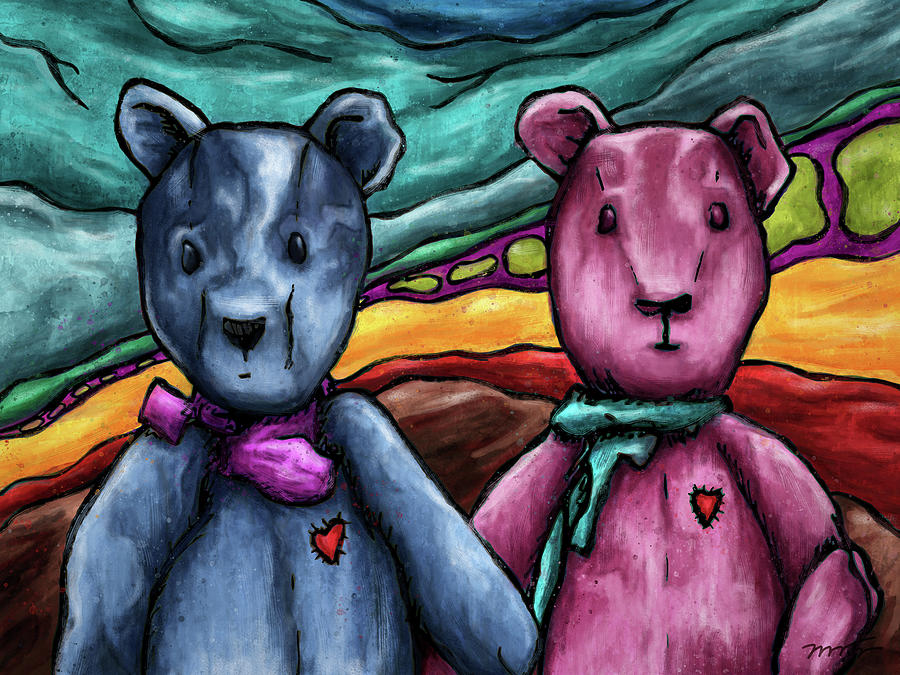 Teddies couple on stormy landscape, Teddy bears Painting by Nadia CHEVREL