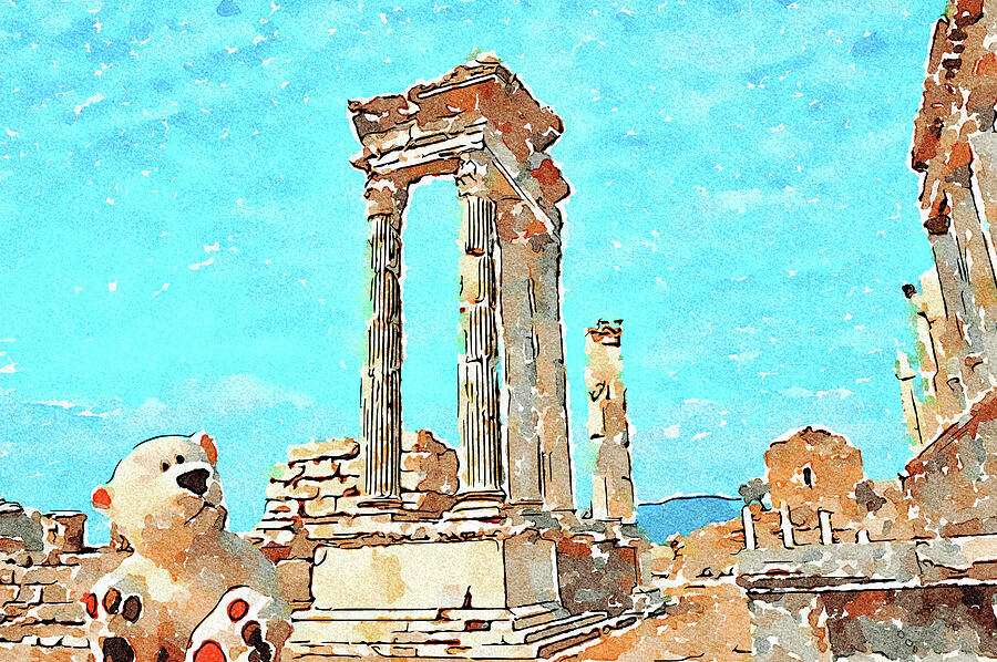 Teddy Bear and Ancient Ruins Watercolor Painting Digital Art by Shelli Fitzpatrick