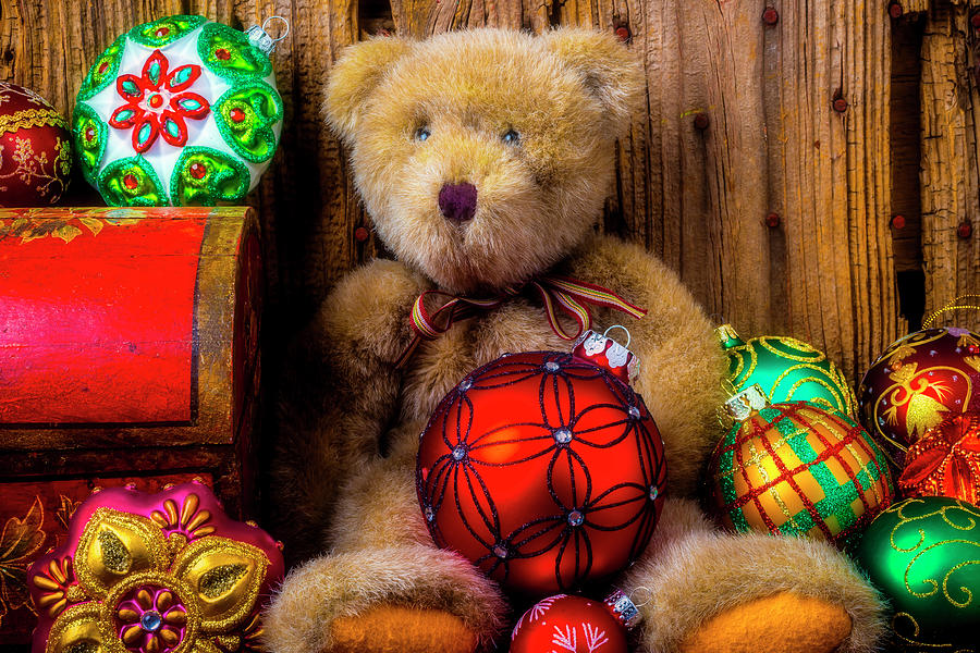 Christmas Photograph - Teddy Bear And Christmas Ornaments by Garry Gay
