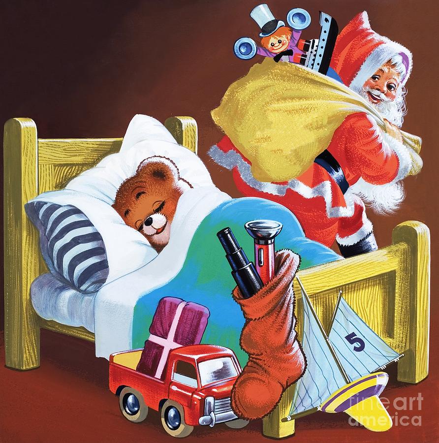 Teddy Bear and Santa Claus by Phillipps Painting by William Francis Phillipps
