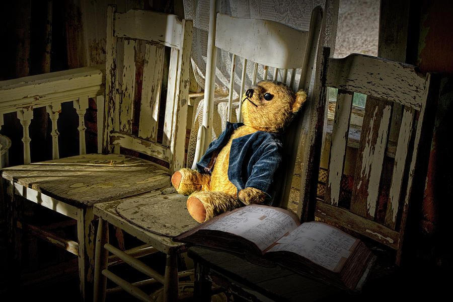Teddy Bear In Repose On Wooden Chair With An Open Book Photograph