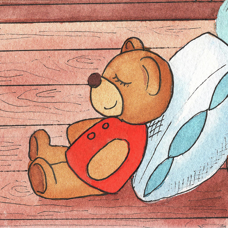 Teddy Bear Pillow Sleeping Deep And Sound Watercolor Art For Kids  Painting by Irina Sztukowski