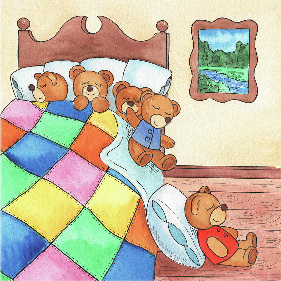 Teddy Bears In The Bed And One On The Floor Watercolor Art  Painting by Irina Sztukowski