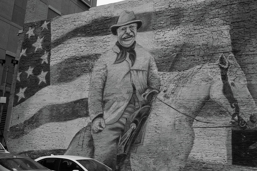 Teddy Roosevelt mural in Denver Colorado in black and white Photograph by Eldon McGraw