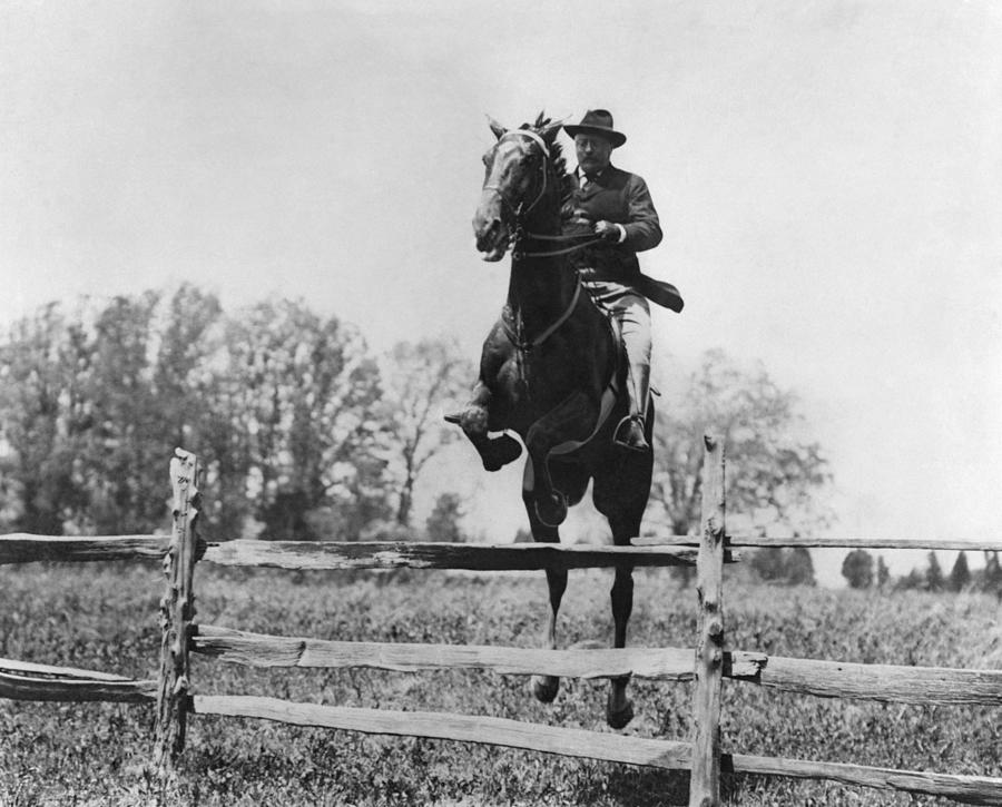Teddy Roosevelt On Horseback Jumping Fence - Circa 1902 Photograph