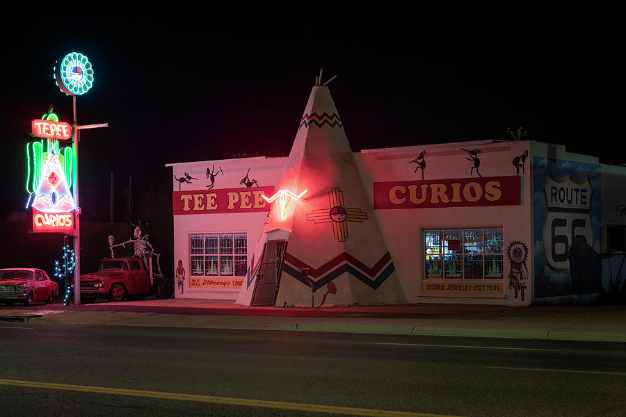 Tee Pee Curios at Night - Route 66 Photograph by Susan Rissi Tregoning