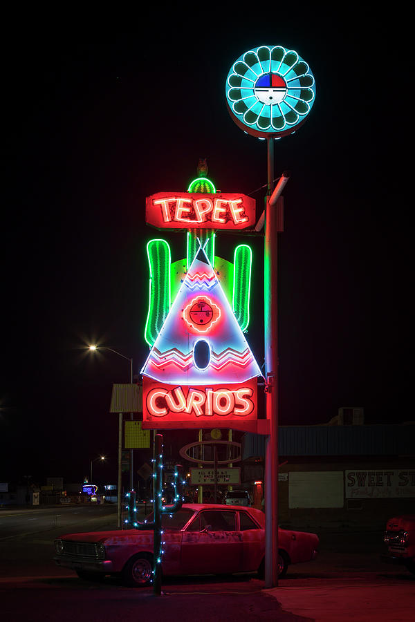 Tee Pee Curios Neon Sign Photograph by Susan Rissi Tregoning
