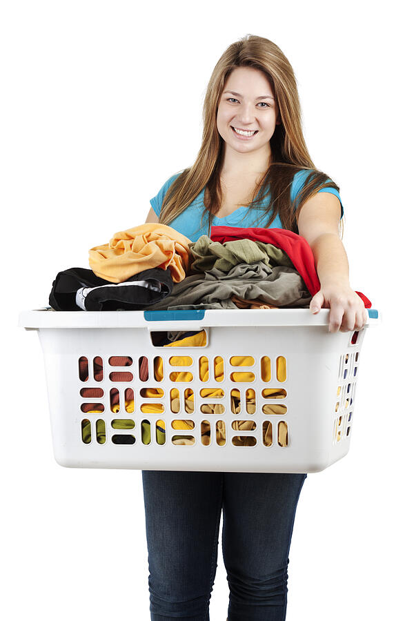Teenage Girl, Young Woman, Student Holding Laundry Basket, White Background Photograph by YinYang