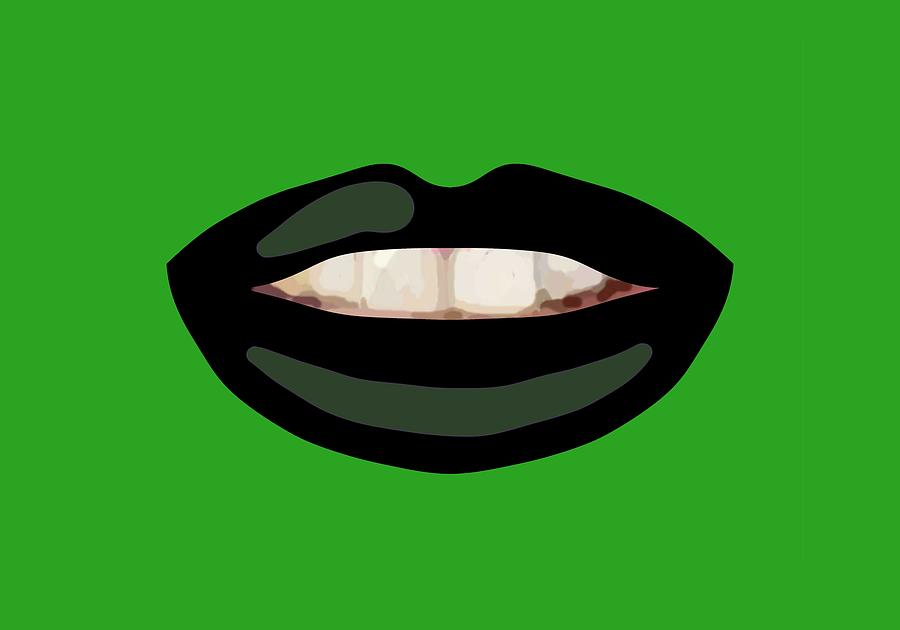 Teeth Smile Black Lips Green BG Novelty Face Mask Drawing by Joan Stratton