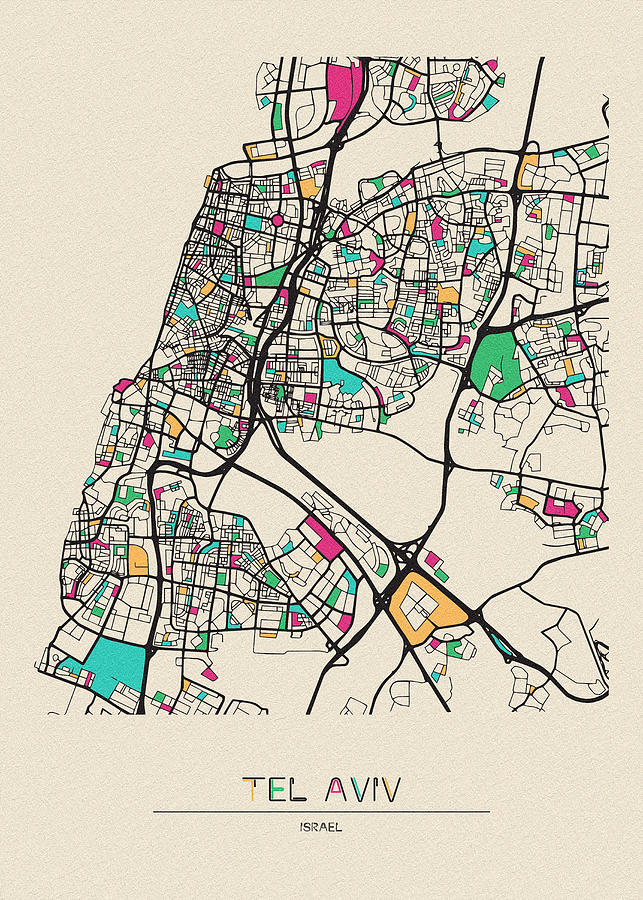 Tel Aviv, Israel City Map Drawing by Inspirowl Design