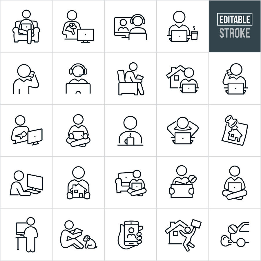 Telecommuting Thin Line Icons - Editable Stroke Drawing by Appleuzr