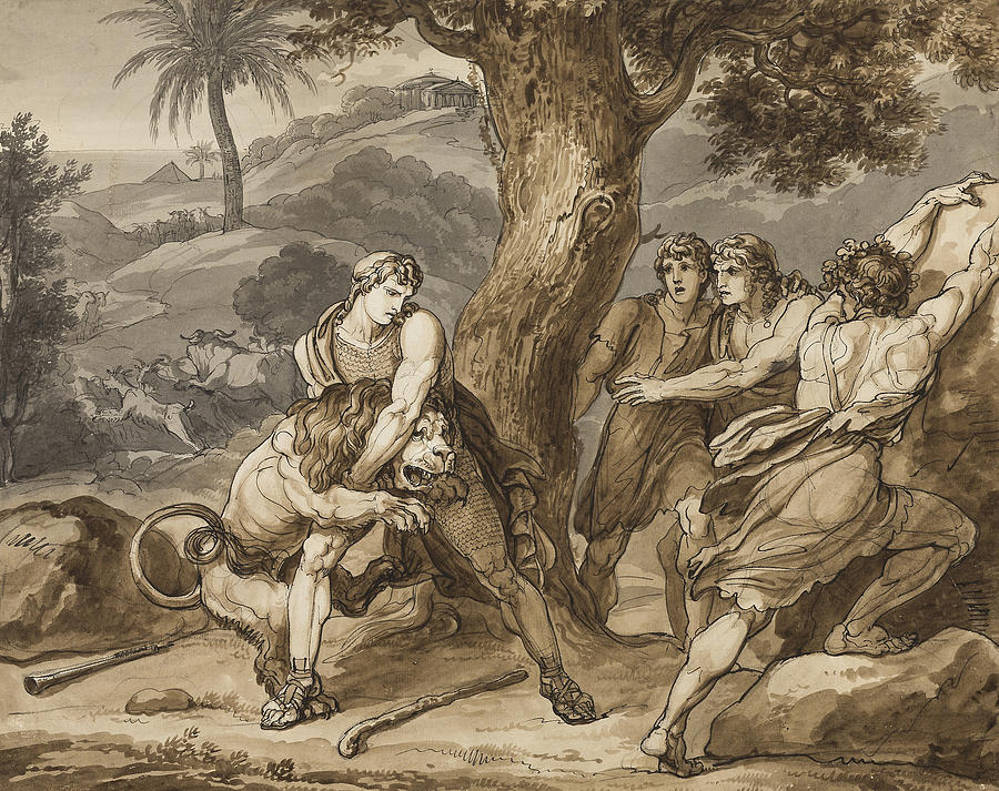 Telemachus Battles the Lion Drawing by Bartolomeo Pinelli