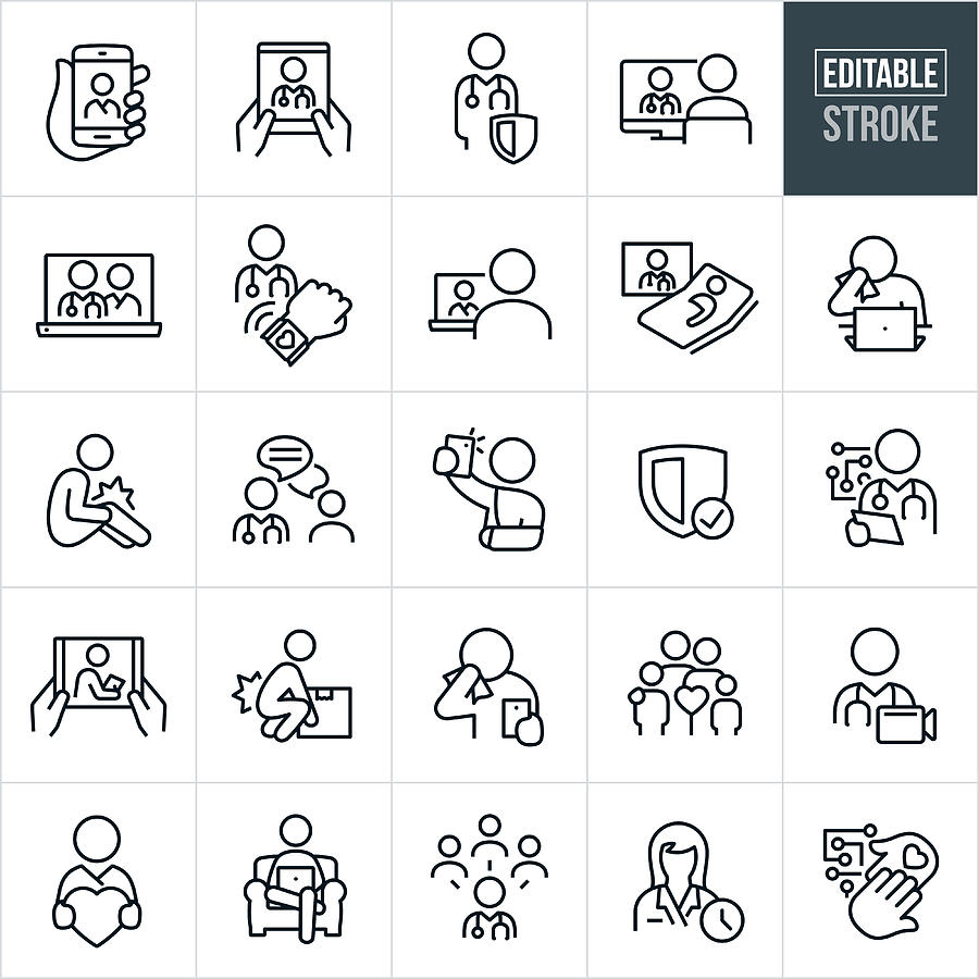 Telemedicine Thin Line Icons - Editable Stroke Drawing by Appleuzr